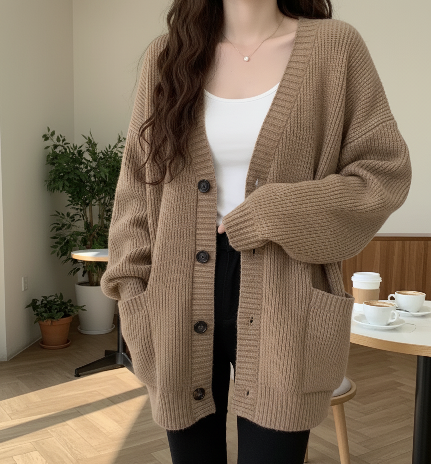 Oversized Gold-Button Cardigan